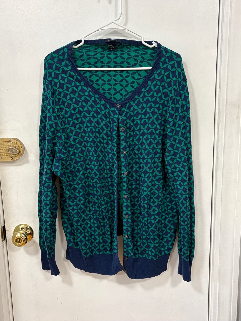 Lands' End Women's Geometric V-Neck Cardigan - Teal & Navy